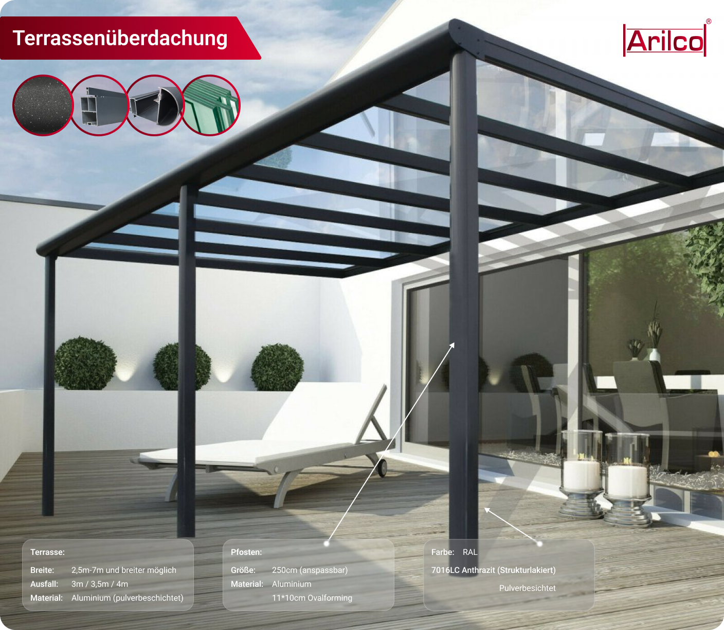 Terrassenüberdachung Arilco, Aluminium mit VSG-Glas 12mm – Bild 1
