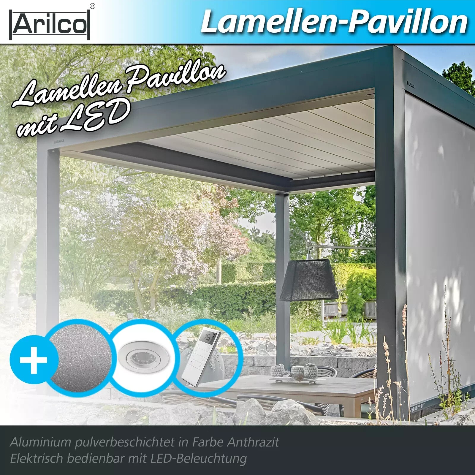 Lamellendach VITRO PERGOLA, 3×3 m, elektrisch, Funk, Aluminium – Bild 1